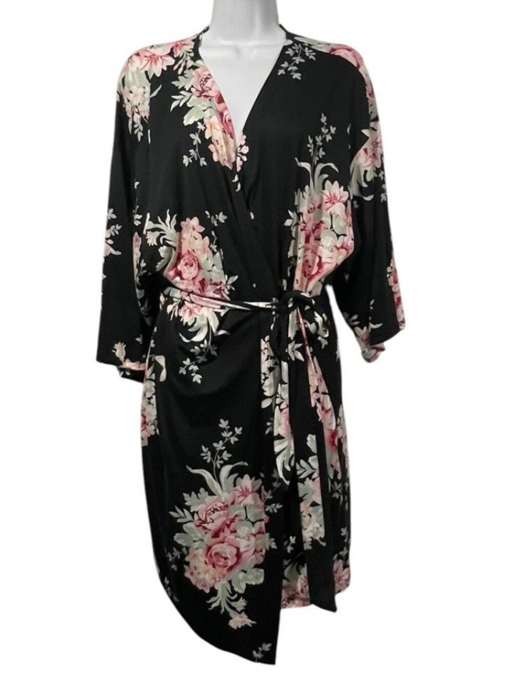 Flora by Flora Nikrooz Womens Lightweight Black Floral Robe Butterflies Sz XL